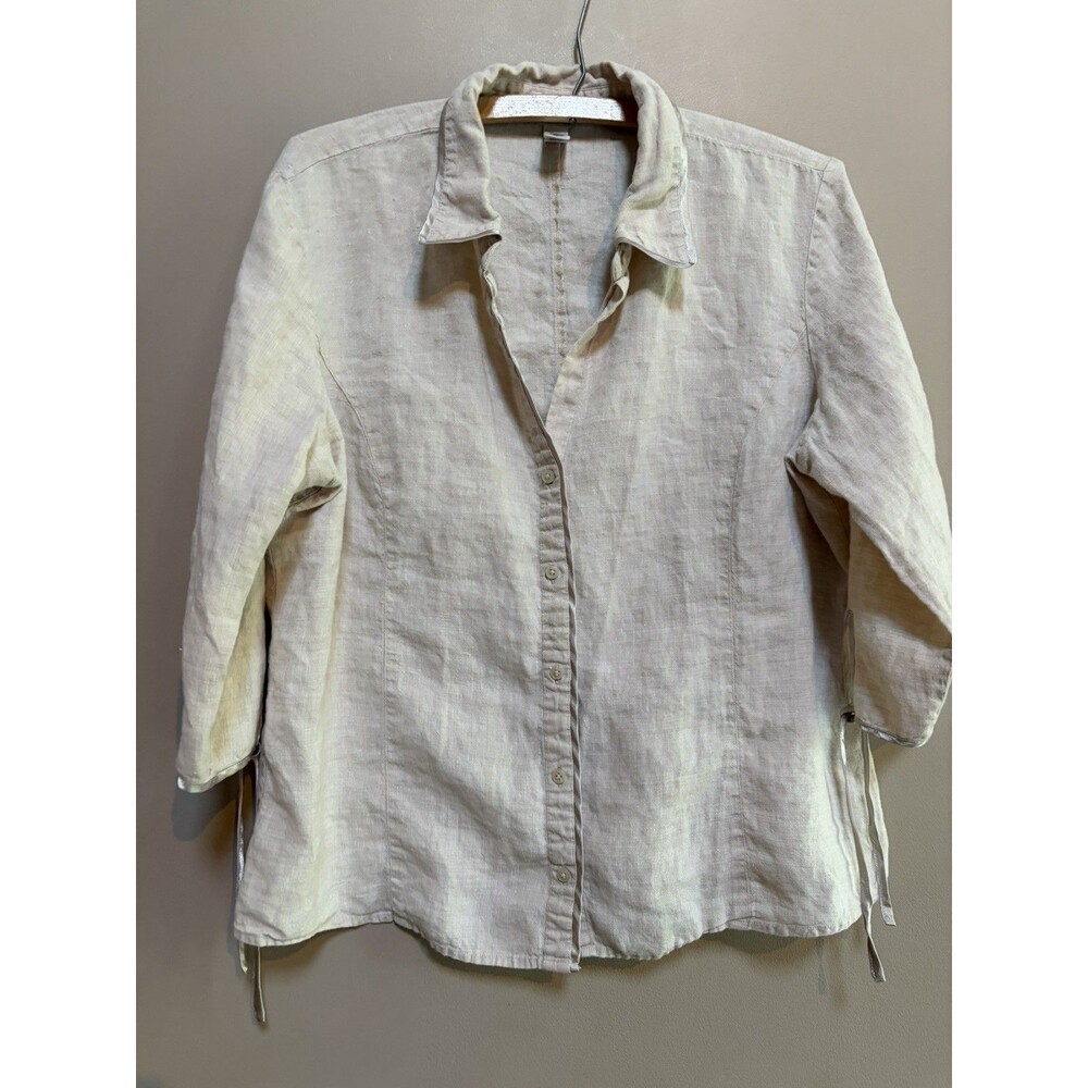 VTG Y2K Old Navy 100% Linen Button Up Shirt Womens Size XL Beige Satin Trim Bow
